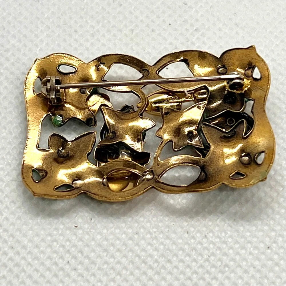 Vintage 3D Enamel Garden Scene Ladybug Flower Pot Gold Tone Rectangle Brooch Pin